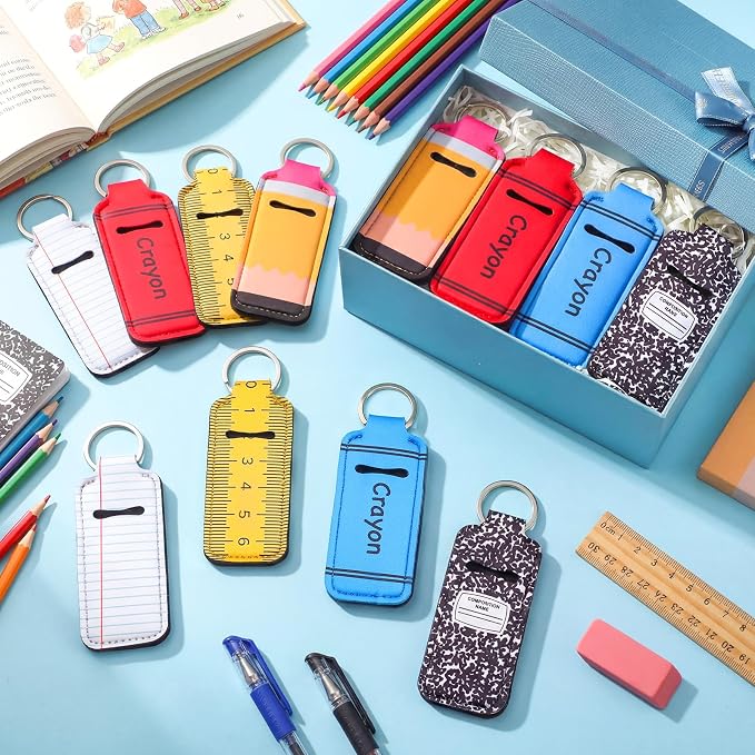 12 Pcs Back to School Lipstick Holder Keychains Bulk Teacher Appreciation Gifts Cute Pocket Lip Balm Holder Keychain Purse Accessories for Women Back to School Party Favors, 6 Style