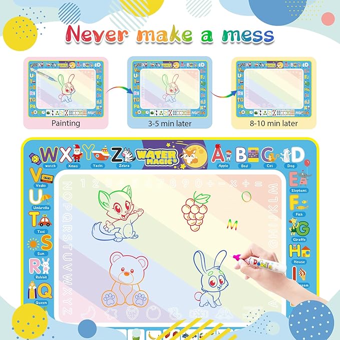 BlissfulBlend Water Doodle Mat Kids Mess Free Coloring Doodle Mat Educational Toys for 3 4 5 6 7 8 Years Old with Magic Pens Educational Toys Toddler Boys Girls Christmas Birthday Holiday Present