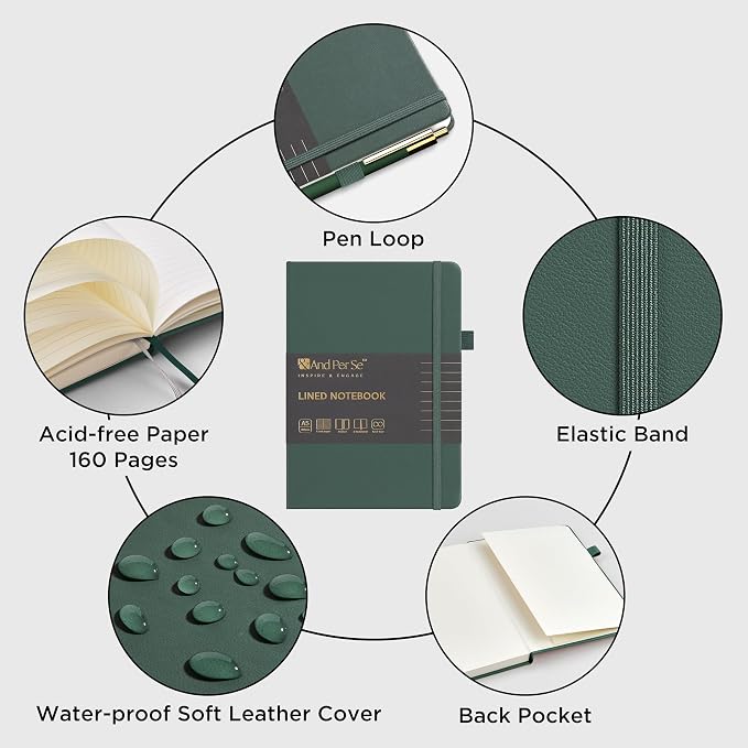 &And Per Se Lined Journal and Pen Set (3 Packs), A5 Leather Hardcover Notebook with Pen & Stationary Set, 160 Pages 100GSM Thick Ruled Paper Journal for Business Work Writing (Green-Blue-Brown)