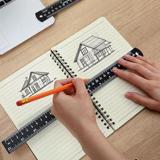 Ouligay 2Pcs 12 Inch 6 Inch Metal Ruler Set Metal Rulers with Centimeters and Inches Straight Ruler for Drawing, Home, Office, Engineering, Easy to Read