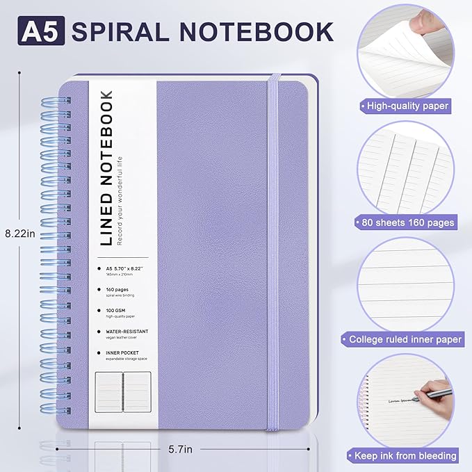 ABERLLS Lined Spiral Journal Notebook with 160 Pages, 8×5.7in, A5 Spiral Notebook, Journaling Notebooks for Work, School, Women, Men, College Ruled Spiral Notebook, Hardcover Leather Journals, Purple