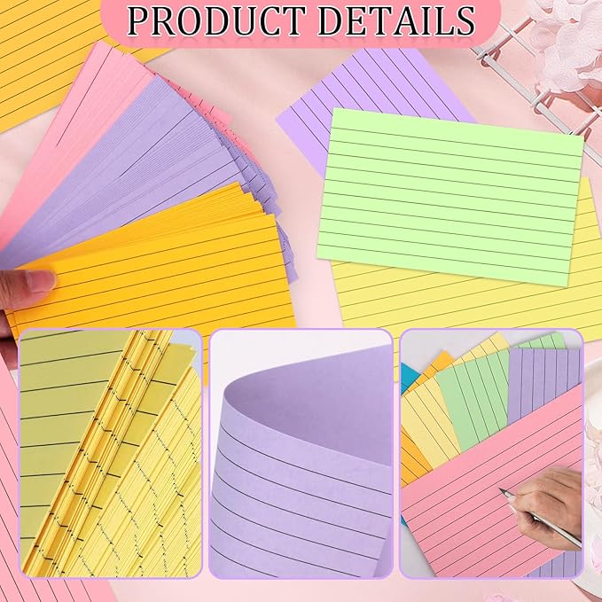Tecmisse 600 Pieces Index Cards Rulded, Colorful Flash Cards 3 x 5 Index Card Bulk,Colored Index Cards 3x5, Note Cards Punched for School Learning, Office and Home Uses (Normal Thickness)