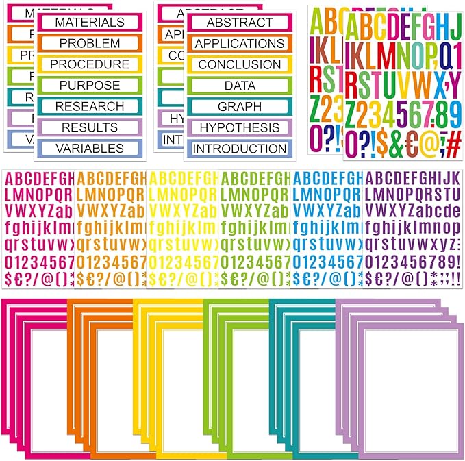 PerKoop 36 Sheets Science Fair Board Poster Boards Supplies 24 Self Adhesive Presentation Subtitles 4 Science Fair Project Titles 8 Personalized Letter Sticker for Classroom(Neon Color)