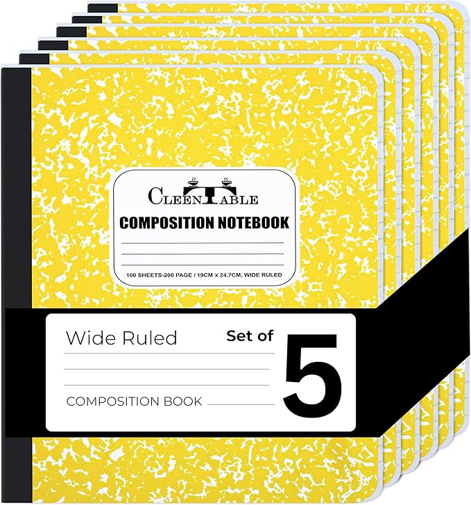CLEENTABLE Composition Notebook 5 Pack, Wide Ruled Paper, Marble Cover Notebooks for School, 9.75 x 7.5 Inches, 100 Sheets (200 Pages), Sewn Binding Comp Books, Yellow