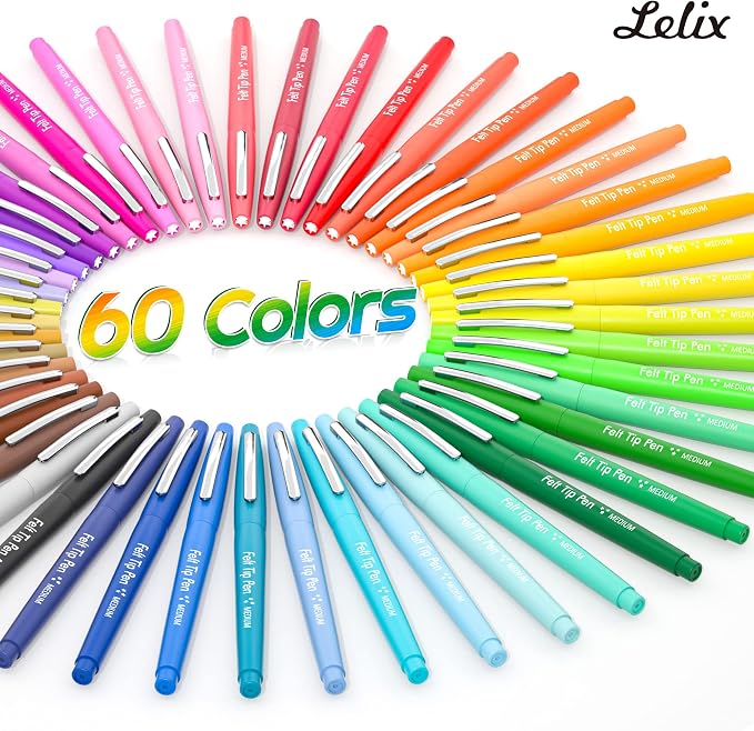 Lelix 60 Colors Felt Tip Pens, Medium Point Felt Pens, Assorted Colors Markers Pens For Journaling, Writing, Note Taking, Planner Coloring, Perfect as Art Office and School Supplies