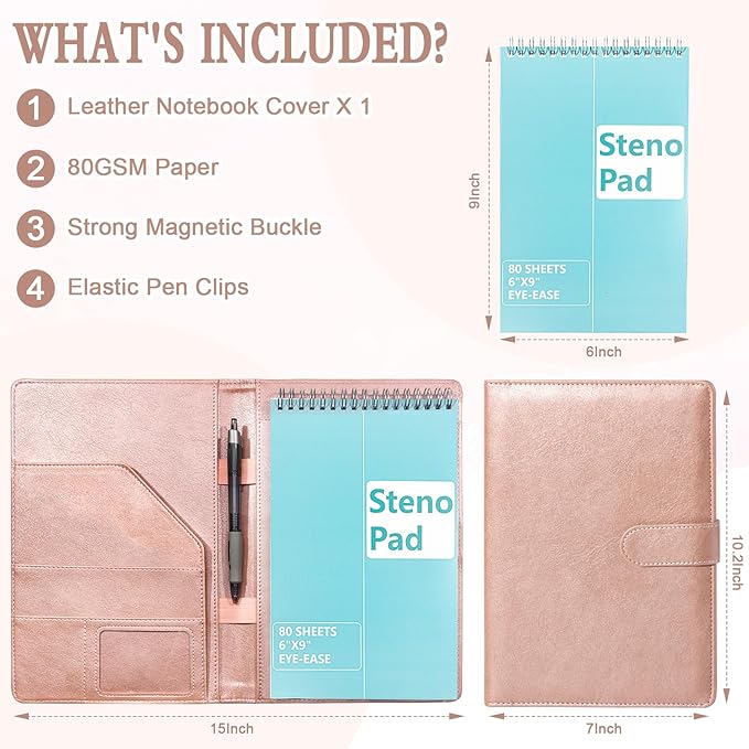 Steno Pad Holder PU Leather Cover 6x9 Steno Pad Cover Business Padfolio Organizer Compatible With 6x9 Steno Notebook Portfolio Pocket Organizer With Pen Loop for Business Office(Rose Gold)