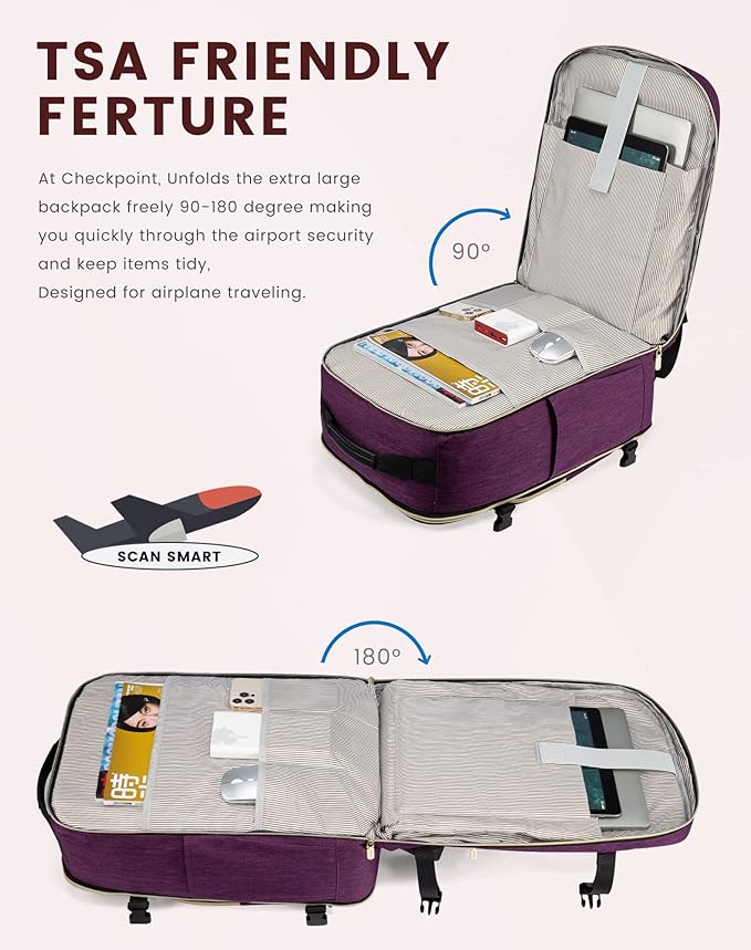 LOVEVOOK Travel Backpack for Women & Men 40L,Airline Approved Carry On Backpack Travel Essentials,TSA Carry on Luggage,Waterproof Personal Item Travel Bag,Suitcase with Packing Cubes,Dark purple-Black