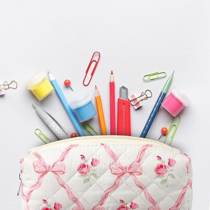 Sherr Coquette Pink Bow Pencil Case Pink Floral Bow Cute Pencil Pouch Soft Cotton Storage Bag Aesthetic Pattern Gift Makeup Pouch Cosmetic Bag for Women Adults