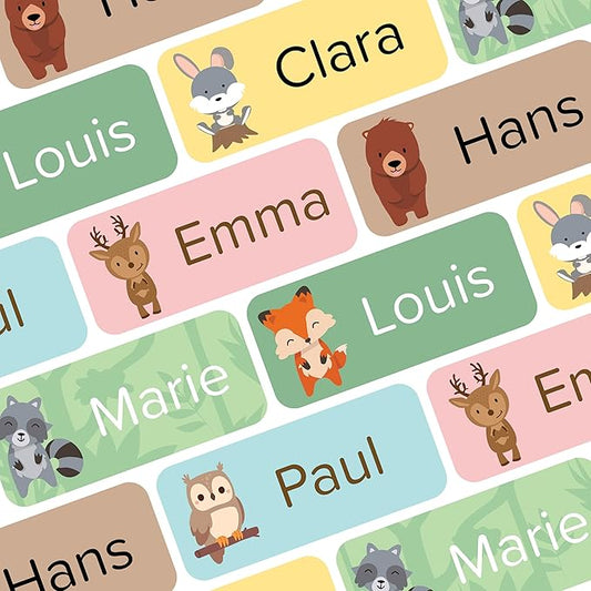 Name Labels for Kids (120 pcs) - Custom Waterproof Stickers for Daycare, Office and School Supplies (Forest Animals)