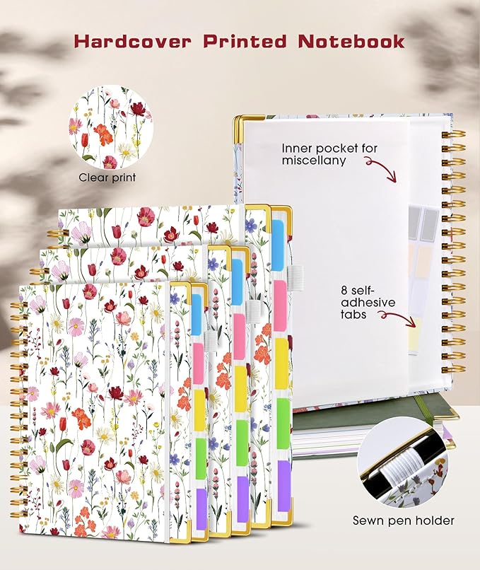 Hardcover Spiral Notebook Journal with Removable Dividers Tabs, 300 Pages 5 Subject Notebook College Ruled, 8"x10" Large Notebooks for Work School Note taking, Journal for Women, Flower White