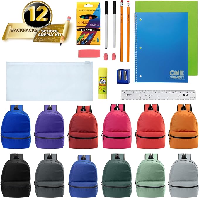 Moda West 17 Inch Bulk Backpacks with 18 Piece School Supplies Kits - Pens, Pencils, Crayons - Case of 12 Wholesale Backpacks in 12 Assorted Colors