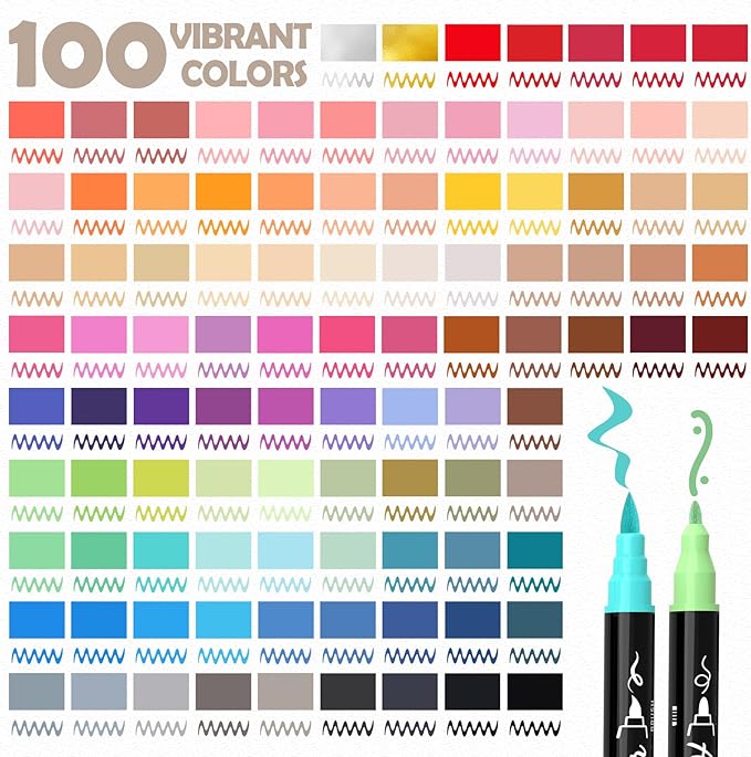 TOSHARE 100 Colors Acrylic Paint Markers, Brush & Fine Dual Tip Acrylic Paint Pens for Rock, Wood, Paper, Fabric, Canvas, Glass, Ceramic, Egg, Scrapbook and DIY Crafts Supplies Art Gifts