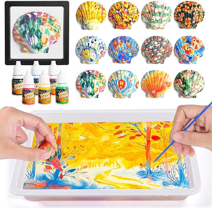 Ci Vetch Water Marbling Paint Kit for Kids, Arts & Crafts, Non-Toxic, Age 3-12, Includes 6 Colors, 10 Sheets, Tools, 12 Shells, 2 Display Boxes