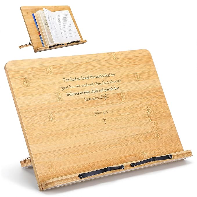 Large Bamboo Book Stand for Reading Hands-Free, Adjustable Height & Angle Bible Stand, Portable Foldable Holder for Textbooks, Cookbooks, Tablets, and More (15.4 x 11 Inches)