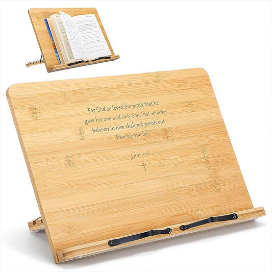 Large Bamboo Book Stand for Reading Hands-Free, Adjustable Height & Angle Bible Stand, Portable Foldable Holder for Textbooks, Cookbooks, Tablets, and More (15.4 x 11 Inches)