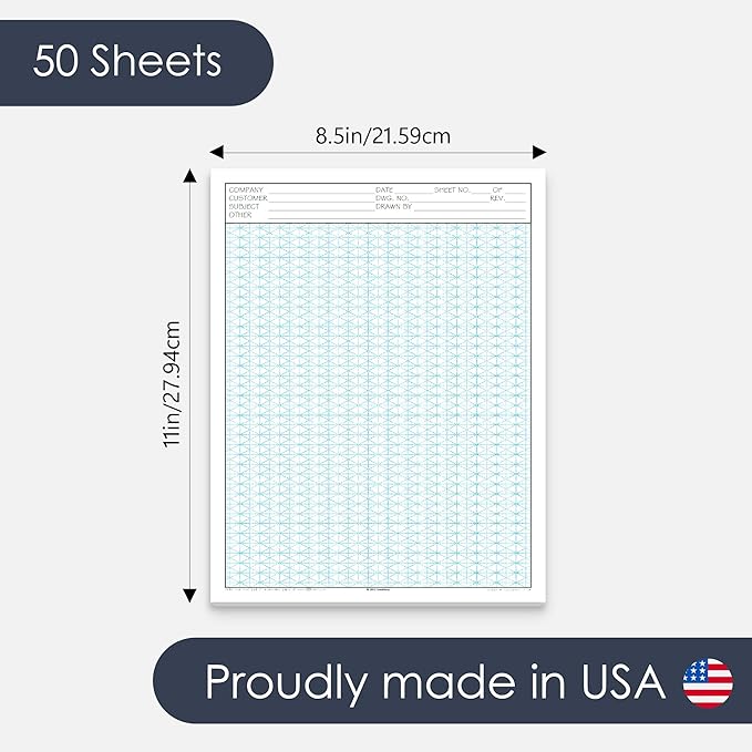 GeekNavy 8.5" x 11" Isometric Graph Paper 50 Sheets Portrait - 0.25" Grid, Non-photo Blue, High Brightness, Drafting, Engineering, Art, 3D Design (1-Pack)