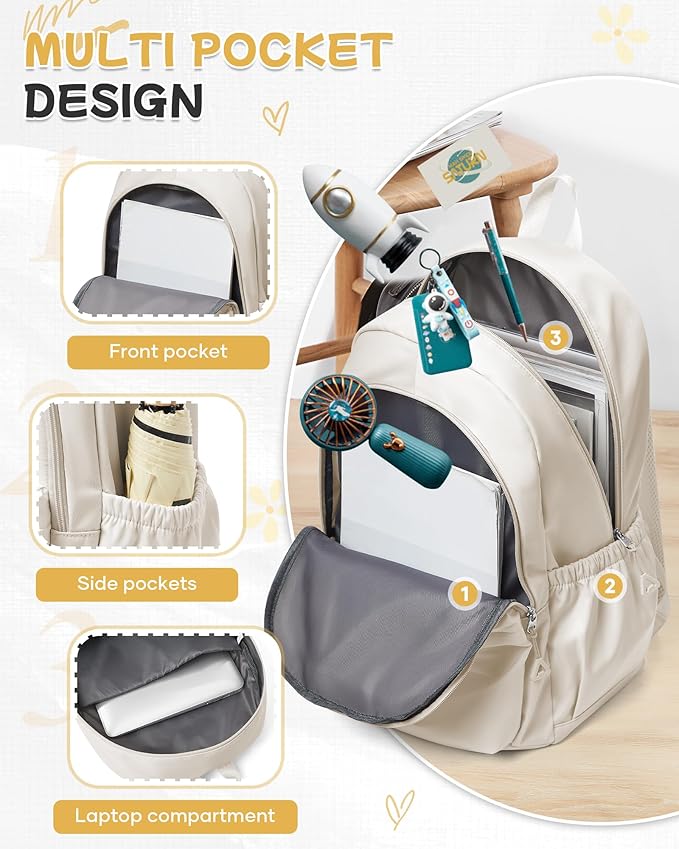 BJLFS Beige Backpack for School Women Girls, Waterproof Book bags Cute High School Backpacks for Men Teen Boys, Lightweight Travel College Backpack Mochilas Escolares para Daypack Ruckssack