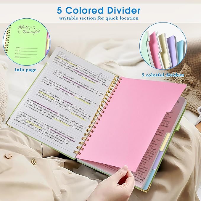 Hardcover Spiral Notebooks for Work, 5 Subject Notebook College Ruled with Dividers Tabs, Lined Organizer Notebook Journal for women, 8"x10" Large B5 Notebooks for School Note taking, 240 Pages Black