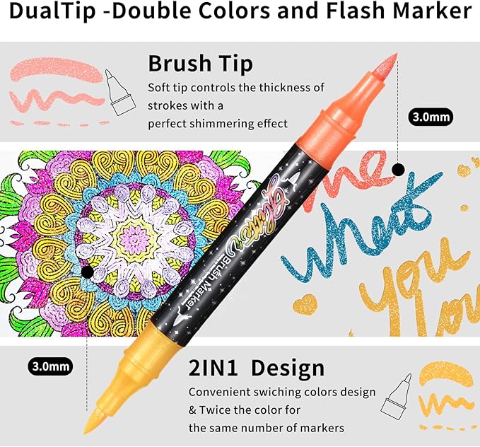 48 Colors Glitter Brush Markers,24 Pack Dual Tip Brush Glitter Marker for Doodle Writing, Glitter Art Crafts Adults DIY Crafts Greeting Birthday Cards Making