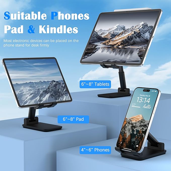 Cell Phone Stand, Adjustable Angle and Height Cell Phone Holder for Desk, Foldable and Portable, Anti-Slip Silicone Pad, Compatible with All Mobile Phones and 4-8 Inch Devices, Black