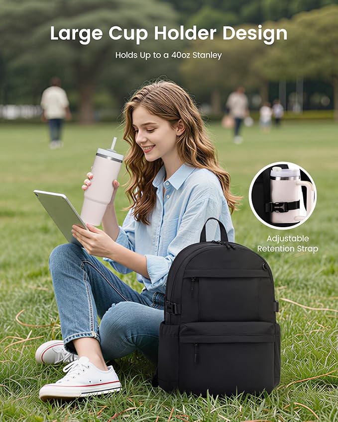 LOVEVOOK Laptop Backpack for Women with Giant Tumbler Holder,17.3 Inch Laptop Computer Bag Travel Backpack Purse,Waterproof Work Business Backpack College Bookbag Teacher Bags,Black