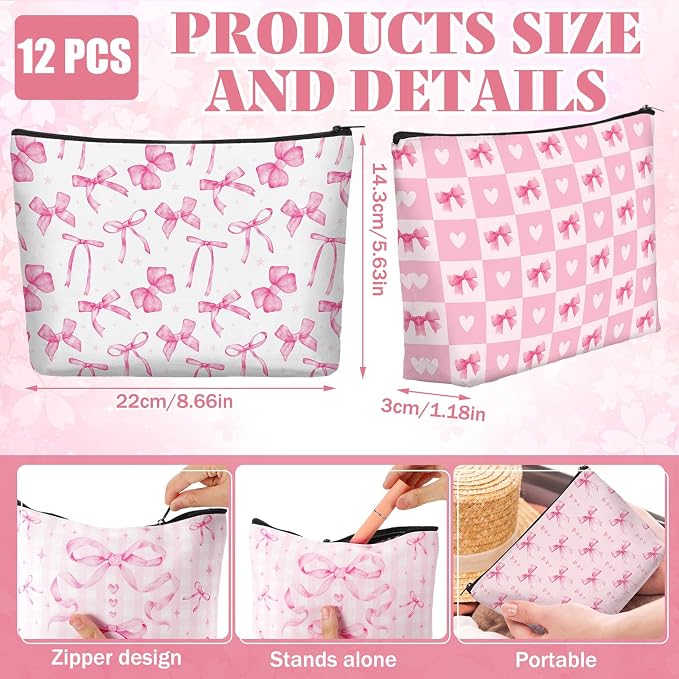 Reginary 24 Pcs Pink Bow Makeup Bags Coquette Bow Cosmetic Bags with Zippers Coquette Party Favors Pink Aesthetic Elegant Pouch Bulk Gifts for Women Stuff Christmas Birthday Supplies Travel Accessory