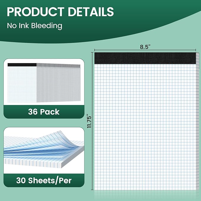 Graph Paper 8.5 X 11, 36 Pack, 4x4 Quad Ruled, Grid Paper Pad 8-1/2" X 11", Grid Pad 8.5 X 11.75, Engineering Notebook, Easy Tears Off, White 70 Gsm Graft Paper