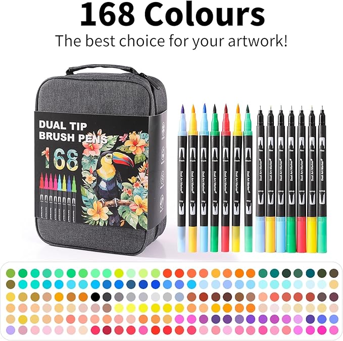 TOSHARE Art Markers Pens Dual Tip Coloring Markers Set with Brush & Fine Nib for Adult Coloring Book Brush Pens Professional Calligraphy & Drawing Art Supplies Kit for Adults (168 Colors)