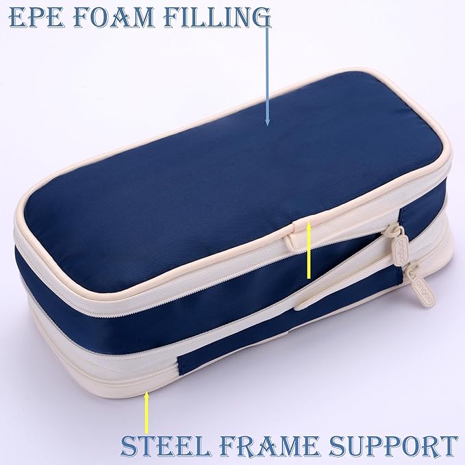 Large Capacity Big Special Cute Aesthetic Preppy Canvas Pencil Case Organizer Holder Pouch Bag with Zipper Compartments, Pen Cases for Women Girls School Adults (Navy)