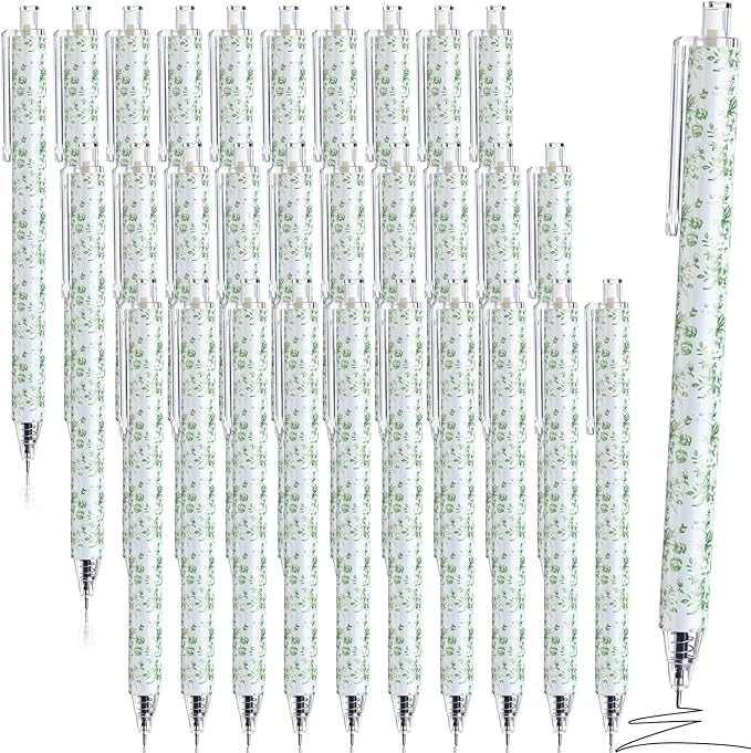 Resurhang 30 Pcs Sage Green and White Floral Ballpoint Pens 0.5 mm Black Ink Chinoiserie Gel Pens Vintage Aesthetic Retractable Ballpoint Office School Supplies for Bridal Baby Shower Wedding