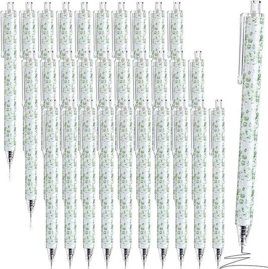Resurhang 30 Pcs Sage Green and White Floral Ballpoint Pens 0.5 mm Black Ink Chinoiserie Gel Pens Vintage Aesthetic Retractable Ballpoint Office School Supplies for Bridal Baby Shower Wedding