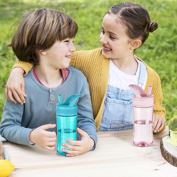 14oz Clear Kids Water Bottle with Straw Lid, BPA-Free Tritan, Measurement Scale, Sturdy Handle Wide Mouth Leak-proof Reusable Plastic Bottle for Boy& Girls, Back to School(Pink)