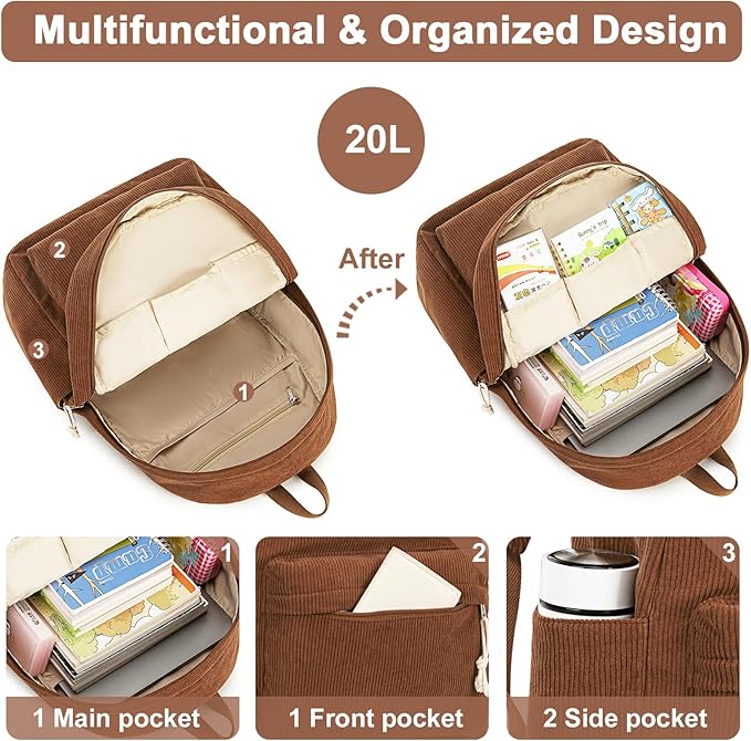 BTOOP School Backpack for Teens Large Corduroy Bookbag Lightweight 15.6 inch Laptop Bag for Girls Women Casual High School College