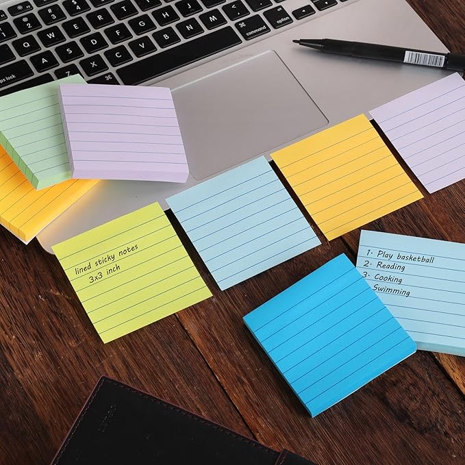HQCME 9 Pack Lined Sticky Notes 3x3 in Post Sticky Notes with Lines, 9 Multi Colors Ruled Colorful Super Sticking Power Memon Pads, 82 Sheets/Pad