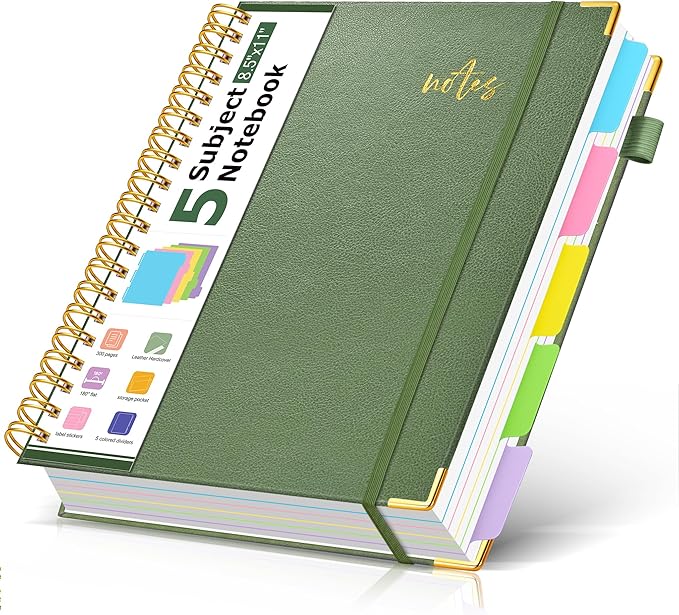 Hardcover Spiral Notebook Journal 8.5" x 11" Leather 5 Subject Notebook with Removable Dividers Tabs, 300 Pages Organizer Notebooks for Work School, College Ruled, Large Lined Journal for Women,Sage