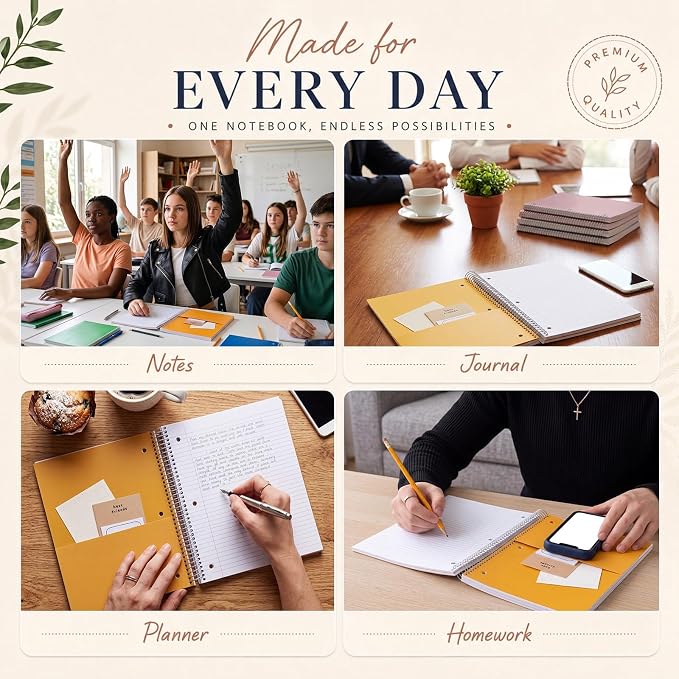 Qilery 6 Pack 5 Subject Notebook College Ruled with Hardcover 200 Sheets Thick Pages 8 x 10.5 Inch Spiral Journal Thick Notebook 3 Hole Assorted Colors Easy Tear Line Office(Taro Color)