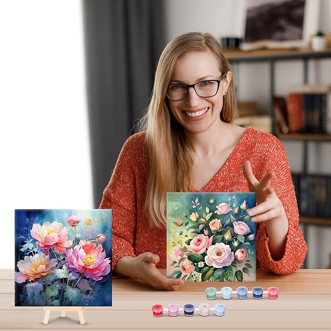 RoundFunny 8 Set Paint by Numbers Kit for Adults with 8x8 Inch Mini Simple Painting Canvas Wooden Frame Easel Acrylic Paints Brushes Funny Numbers Drawing Kit for Gift Home Wall Decor(Vibrant Blooms)