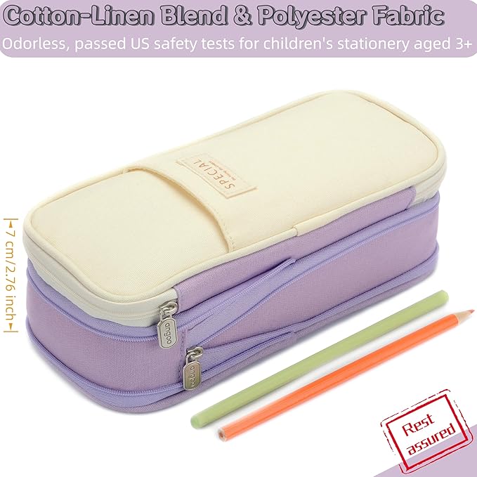 Large Capacity Big Special Cute Aesthetic Preppy Canvas Pencil Case Organizer Holder Pouch Bag with Zipper Compartments, Pen Cases for Women Girls School Adults (Beige/Purple)