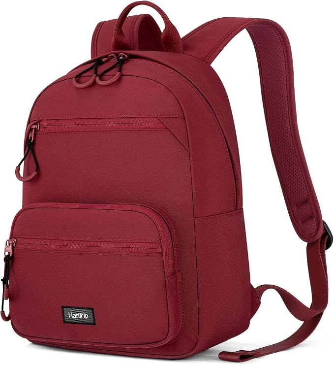 HanTrip 13 Inch Mini Small Travel Backpack Cary on For Women Men, Burgundy | 13L Capacity, Lots of Pockets, Padded Shoulder Strap, Lightweight, Water Resistant, Bookbag for College, Commuter, Work