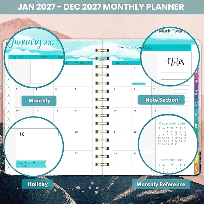 2027 Planner - 2027 Weekly and Monthly Planner Calendar, January 2027 - December 2027, 6.3" x 8.4", Back Pocket + Thick Paper + Twin-Wire Binding - Pink Moon