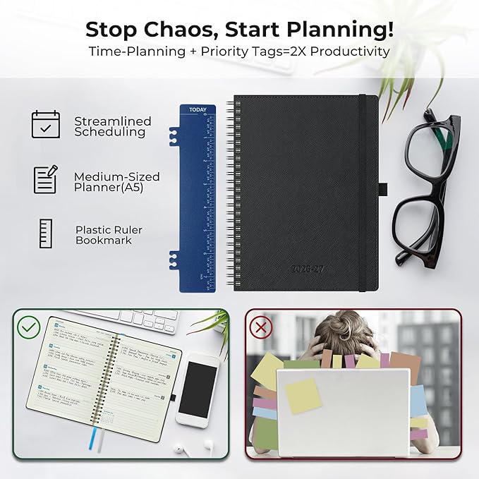 Planner 2026-2027 Daily Weekly and Monthly,8.5"x6.5",18 Months Spiral Bound Calendar Agenda with Self-adhesive Pen Holder,2026 Academic Plan with Vegan Leather Soft Cover,Black