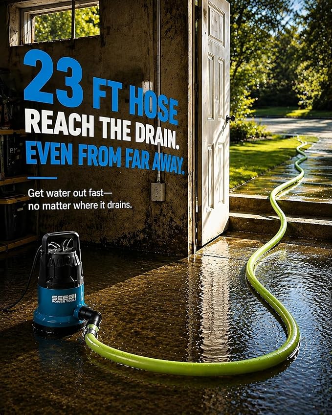 SEESII 1HP Submersible Water Pump, 4755 GPH High Flow w/ 23ft Hose | Anti-Clogging Filter Bag, Sump Pump for Swimming Pool, Hot Tub, Pond, Flooded Basement, Rooftop, Garden Water Removal