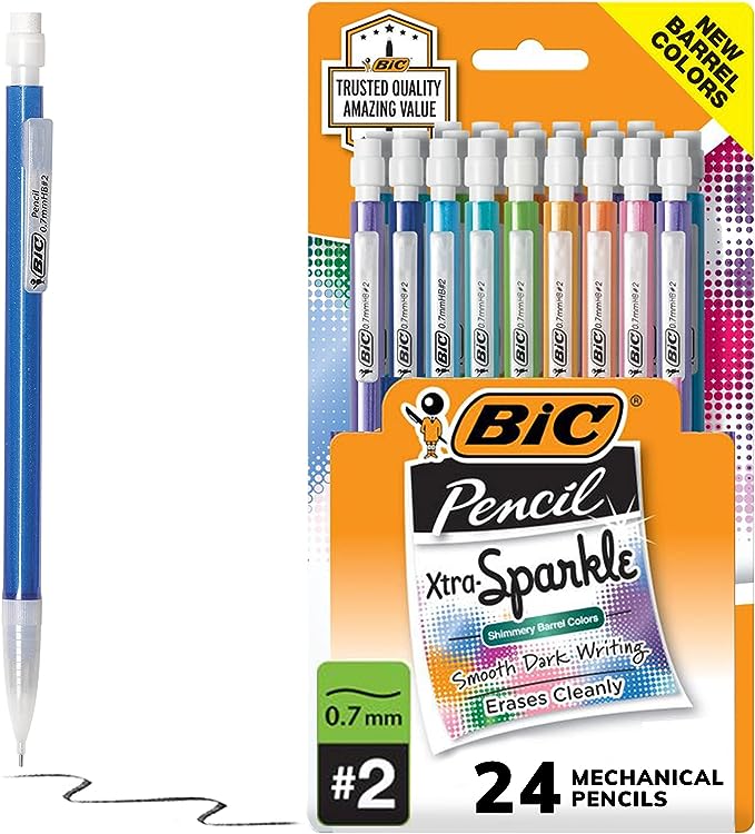 BIC Xtra-Sparkle Number 2 Mechanical Pencils With Erasers, Medium Point (0.7mm), 24-Count Pack, Mechanical Pencils for School Supplies