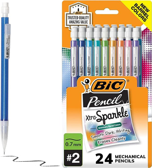 BIC Xtra-Sparkle Number 2 Mechanical Pencils With Erasers, Medium Point (0.7mm), 24-Count Pack, Mechanical Pencils for School Supplies