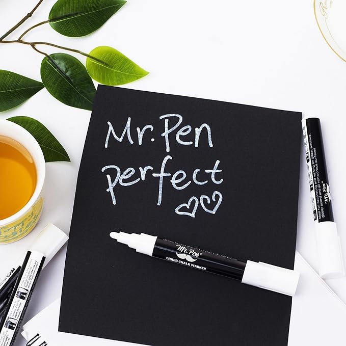 Mr. Pen- Liquid Chalk Marker Pen, 4 Pack, 8x Labels, White Non-Toxic Odorless Chalk Markers, Dual Reversible Chisel & Bullet Tip, Ideal for Non-Porous Chalkboards, Chalkboard Vinyl, Glass & Metal