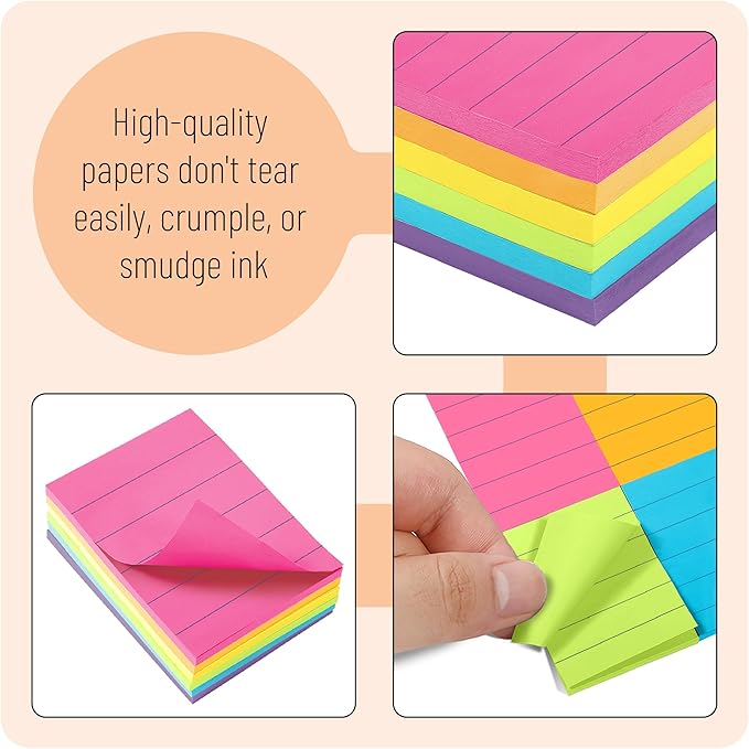Mr. Pen- Small Lined Sticky Notes, 1.5" x 2", 6 Pads, 60 Sheets/Pad, Vibrant Color, Small Sticky Notes with Lines, Ruled Post Stickies, Memo Pads, Self-Stick Note Pad for Office, School, Home, Study