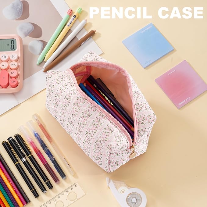 Makeup Bag Travel Toiletry Bag for Women, Small Cosmetic Bags Cute Quilted Cotton Makeup Pouch for Purse Emergency Bag Pencil Case Accessory Bag, Pastel Pink