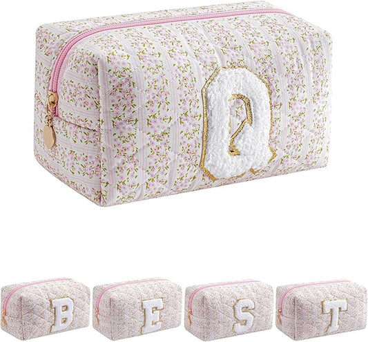 JOVAKIT Alphabet Makeup Bag Cosmetic Bag for Women, Christmas Gifts for Girls Age 6-18, Floral Flowers Coquette Travel Toiletry Zipper Make Up Pouch Organizer Trendy Stuff (Pink Floral Q)