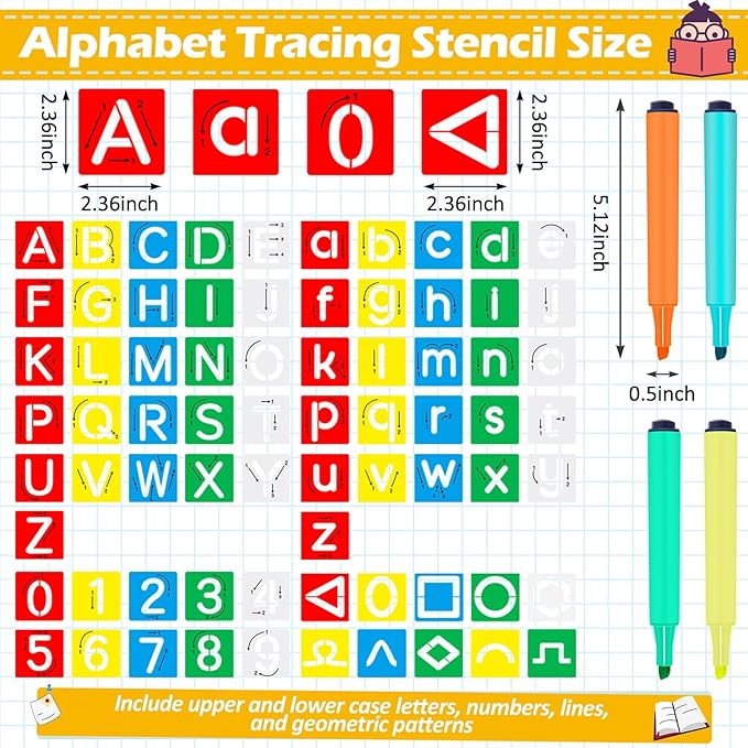 72 Pieces Preschool Letters and Numbers Alphabet Stencils Colorful Double Sided Tracing Board PET Paint Boards for Painting with 4 Pieces Craft Markers Marker Paint Pens Preschool Learning Toys