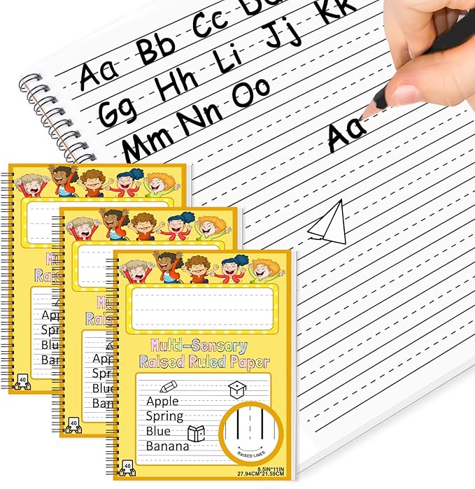 3 Pack Raised Ruled Handwriting Paper Spiral Bound 8.5x11 Inch Raised Lined notebook Writing Practice Writing Paper Kindergarten Practice with ADHD 0.63In Sensory Line Dysgraphia Pad for Kids Students